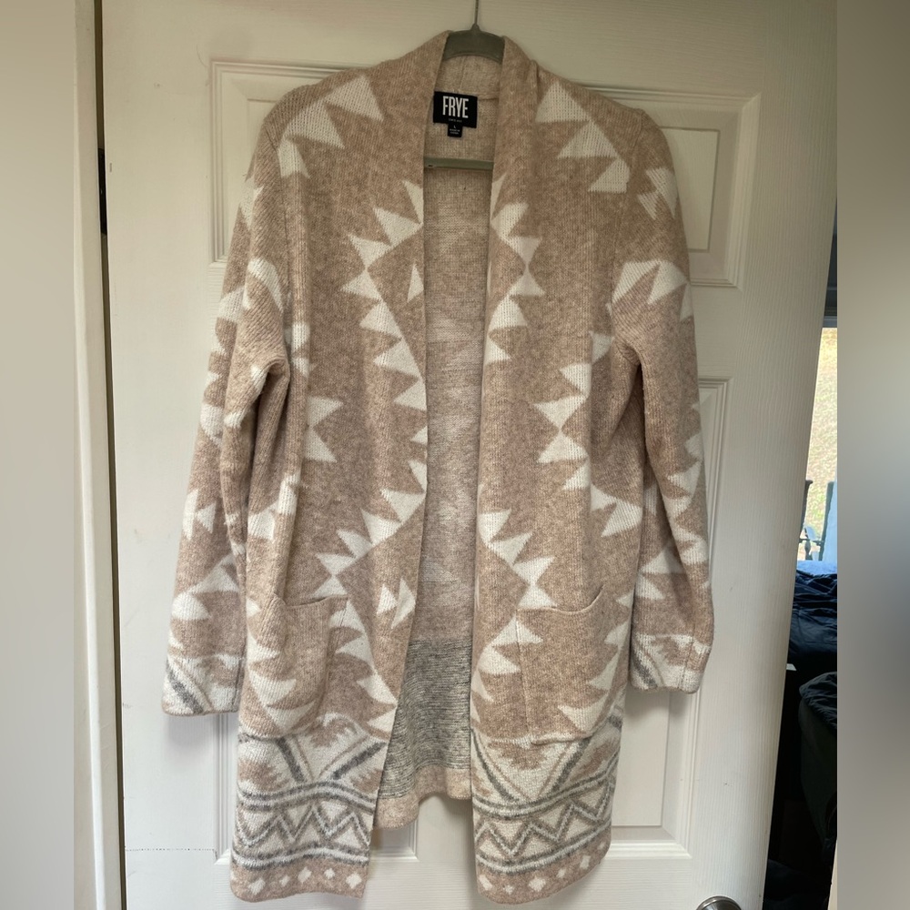 Frye Beige and White Geometric Cardigan
